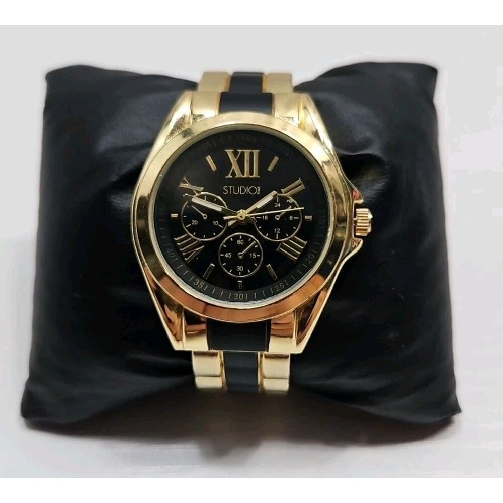 Studio Gold Tone Black Accent Bangle Band Womens Watch 36mm New Battery W154